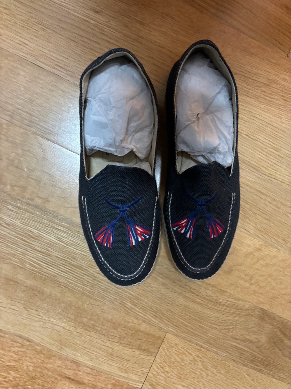 Stubbs & Wootton Navy Canvas Slip-On Loafers with Red & Blue Embroidery